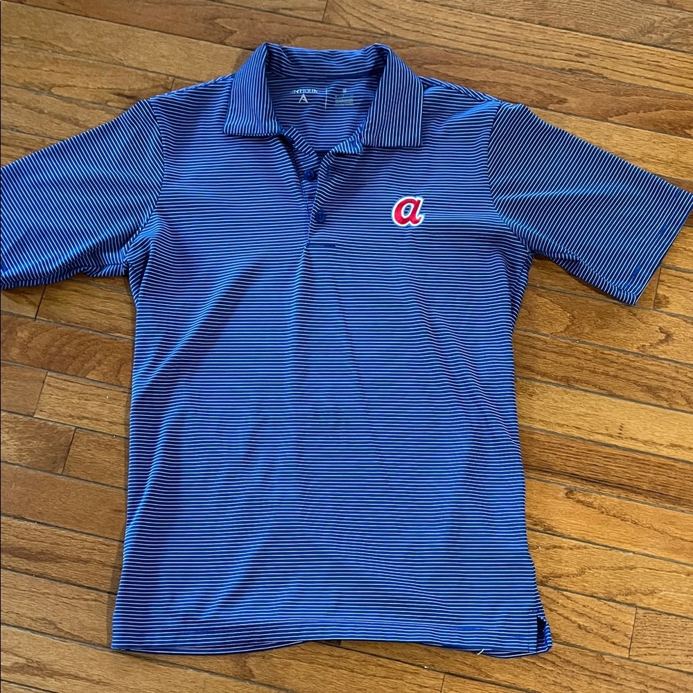Antigua Men's Atlanta Braves Polo Shirt with Blue and White Stripes